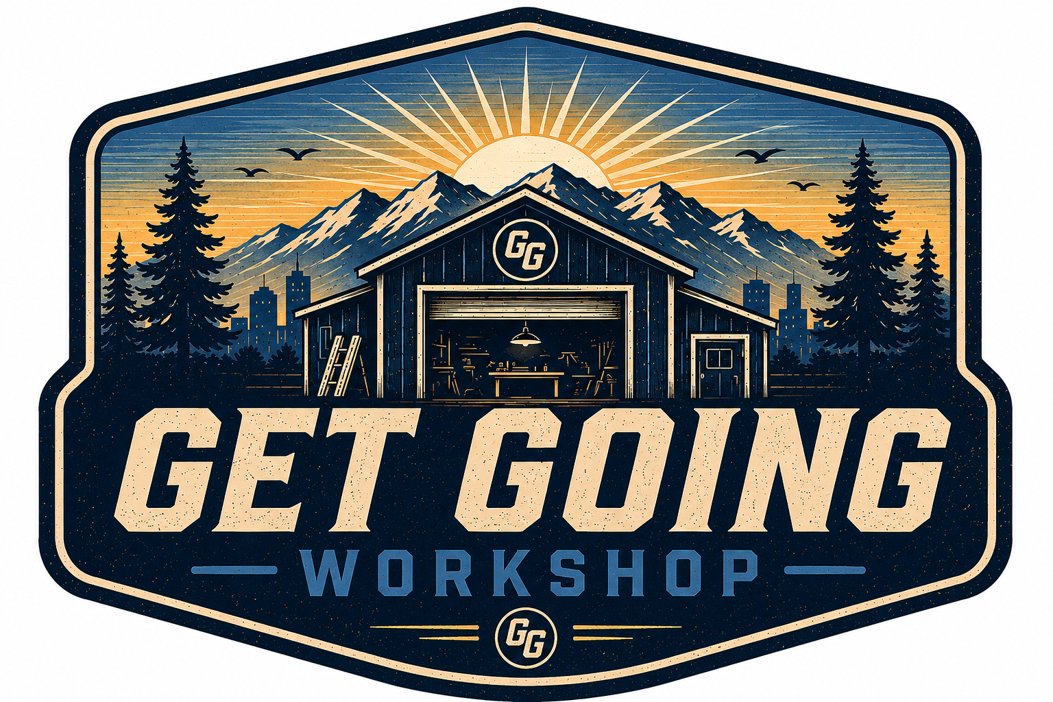 Get Going Workshop badge: a workshop at sunrise framed by mountains and pines