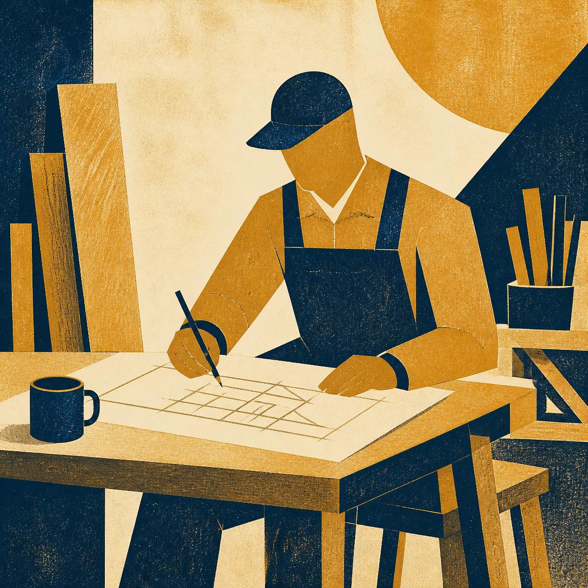 Illustration of a builder sketching a plan at a workbench